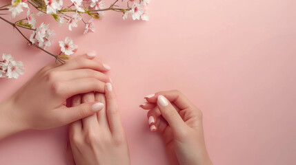 Fototapeta premium Elegant female hands with French manicure, applying skincare lotion, highlighting soft skin and spa treatment