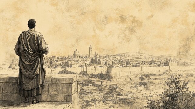 Biblical Illustration: David, standing on a balcony overlooking Jerusalem, contemplates God's promise to establish his dynasty forever, set against a beige background for Bible wall art.