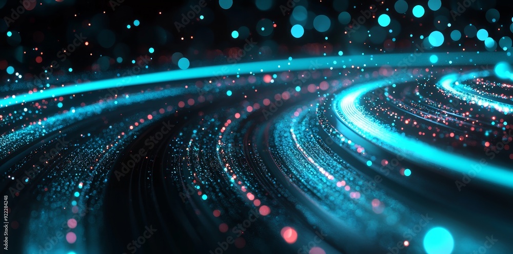 Poster abstract 3d fast moving lines. high speed motion blur. wide curved blue and red light path trail wit