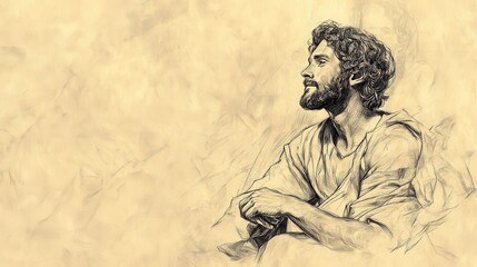 Fototapeta premium Biblical Illustration: David envisioning the future of Israel, confident in God's plan and promises, set against a beige background for Bible wall art.