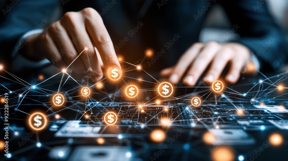 Poster digital money concept with man finger on virtual touch screen interface with central bank layout and