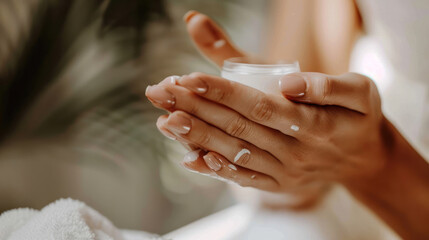 Close-up of woman hands applying lotion, French manicure visible, highlighting spa and skincare routine