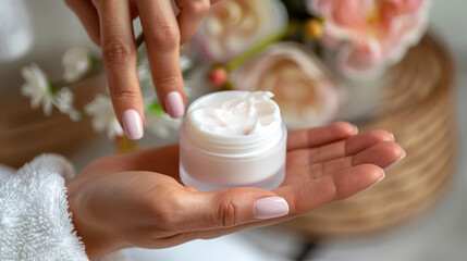 Close-up of woman hands applying lotion, French manicure visible, highlighting spa and skincare routine