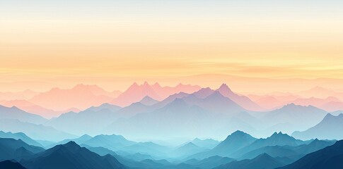 Digital gradient blends and smooth and curved lines with orange, blue, and pink mountain landscapes.
