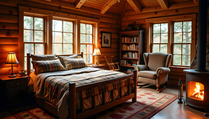 Rustic Log Cabin Bedroom with Fireplace and Forest Views