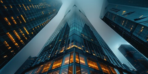 Fototapeta premium A city skyline with tall buildings and a cloudy sky