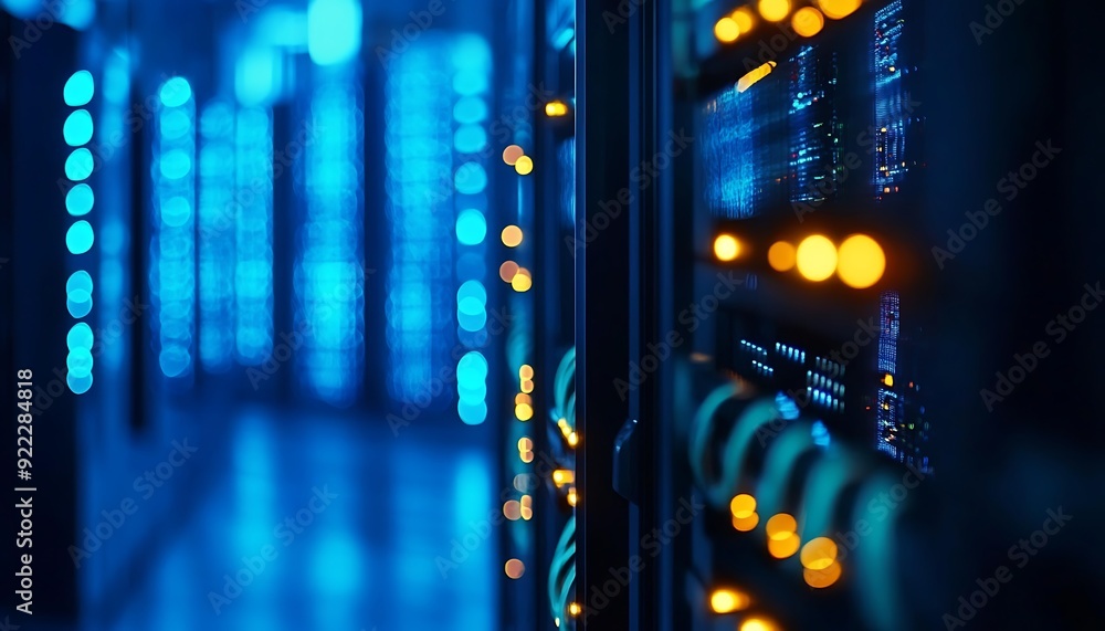 Poster close-up of a row of servers in a data center with blinking lights and intricate hardware