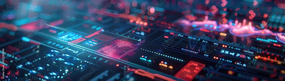 Poster a vibrant and abstract representation of a digital circuit board illuminated with neon colors, showc