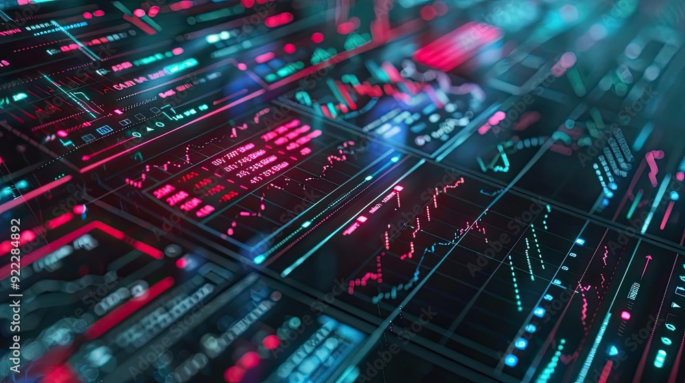 Poster dynamic financial data visualization featuring colorful charts, graphs, and indicators reflecting ma