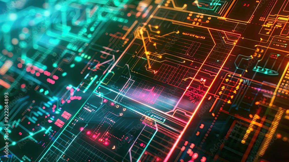 Poster vibrant abstract technology background featuring luminous circuits and intricate patterns in blue, o