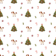 Set of Christmas pattern. Christmas trees, toy hourse, candy Seamless pattern for print. 