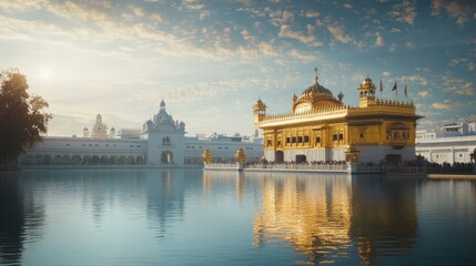 Obraz premium The peaceful ambiance of the Golden Temple in Amritsar, with its golden shimmering in the surrounding pool.