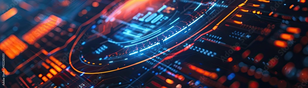 Poster futuristic digital interface with glowing elements showcasing technology and innovation in a vibrant