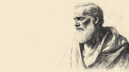 Fototapeta premium Biblical Illustration: David, alone in his chamber, contemplates Absalom's return, his face filled with both paternal love and kingly concern, set against a beige background for Bible wall art.