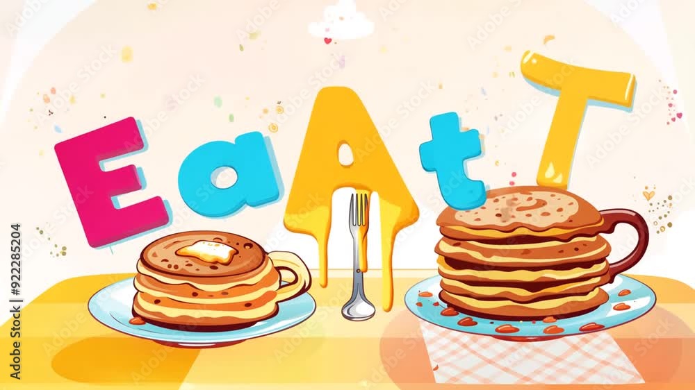 Poster colorful pancake illustration with syrup and butter on a table generative ai