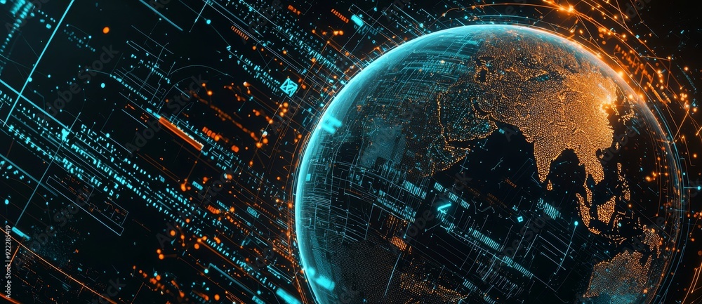 Poster an interactive digital world map with a glowing globe representing a global technology concept as we
