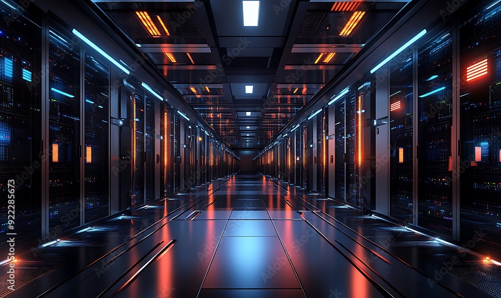 Poster wide-angle view of a modern data center with endless rows of servers and blinking lights