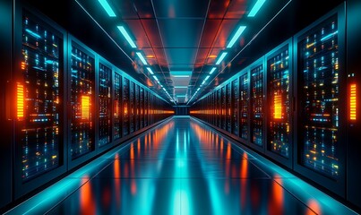 Fototapeta premium Wide-Angle View of a Modern Data Center with Endless Rows of Servers and Blinking Lights