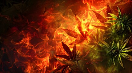 Marijuana leaves on a fire background, close up top view on cannabis leaves and branches on fire background for alternative medical and marketing design concept
