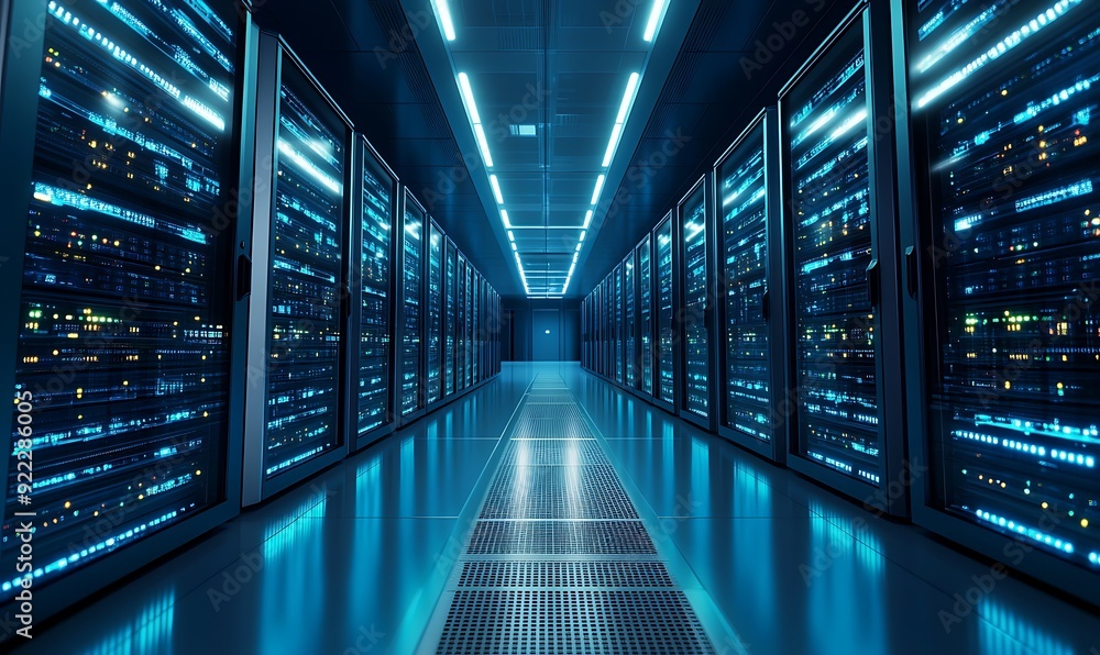 Poster wide-angle view of a modern data center with endless rows of servers and blinking lights