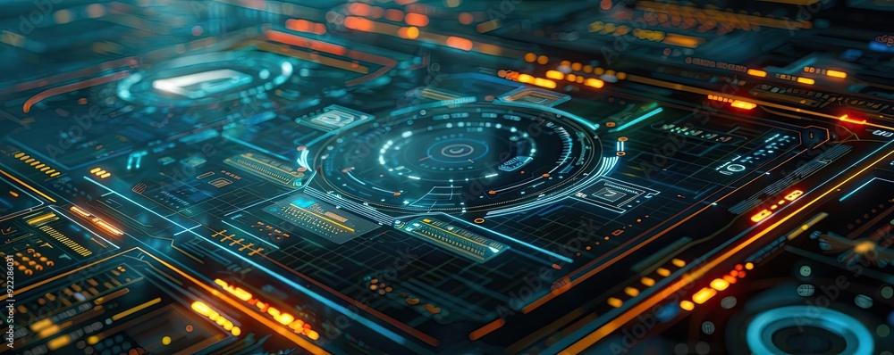 Poster futuristic digital interface showcasing vibrant holographic elements and intricate technology design