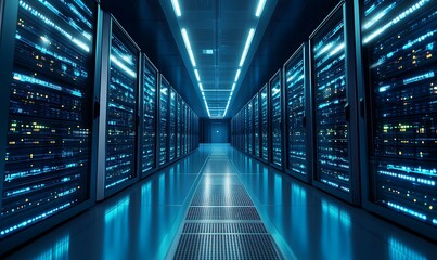 Fototapeta premium Wide-Angle View of a Modern Data Center with Endless Rows of Servers and Blinking Lights