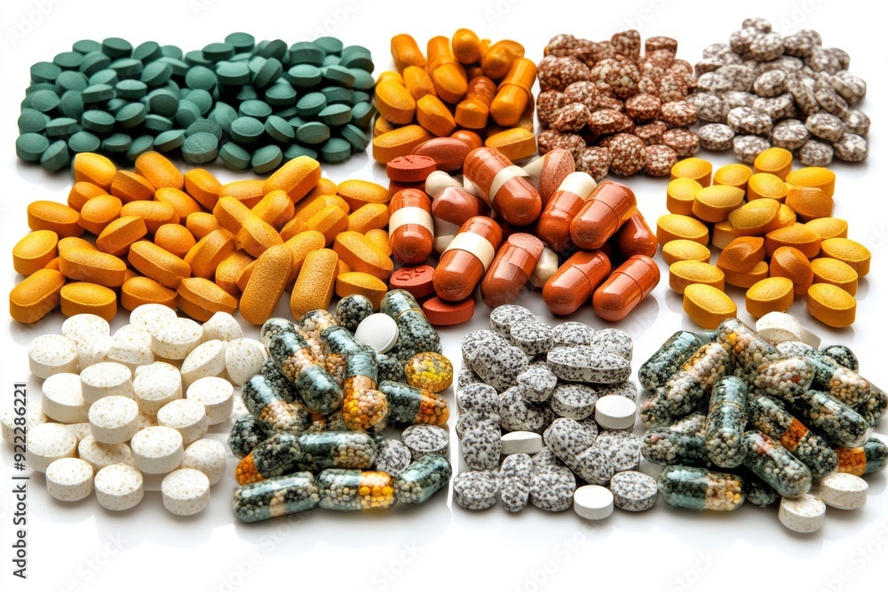 Aufkleber a vibrant assortment of various types of pills and capsules meticulously organized in rows and stack