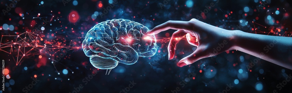 Poster ai, machine learning, human and robot hands touching on big data network connections, innovation and