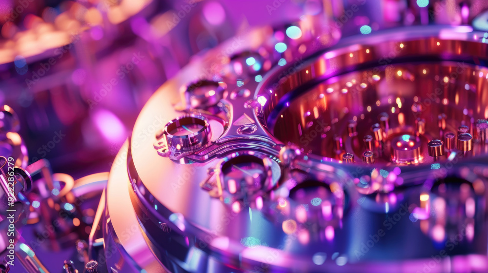 Poster a detailed view of metallic gears reflecting colorful lights in a high-tech environment