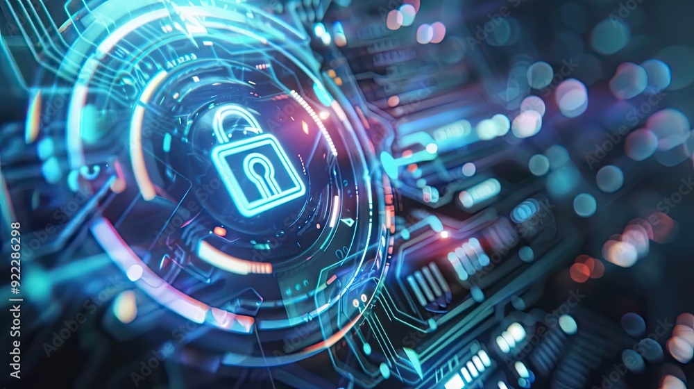 Poster futuristic digital lock symbol over flowing data, representing advanced cybersecurity and technology