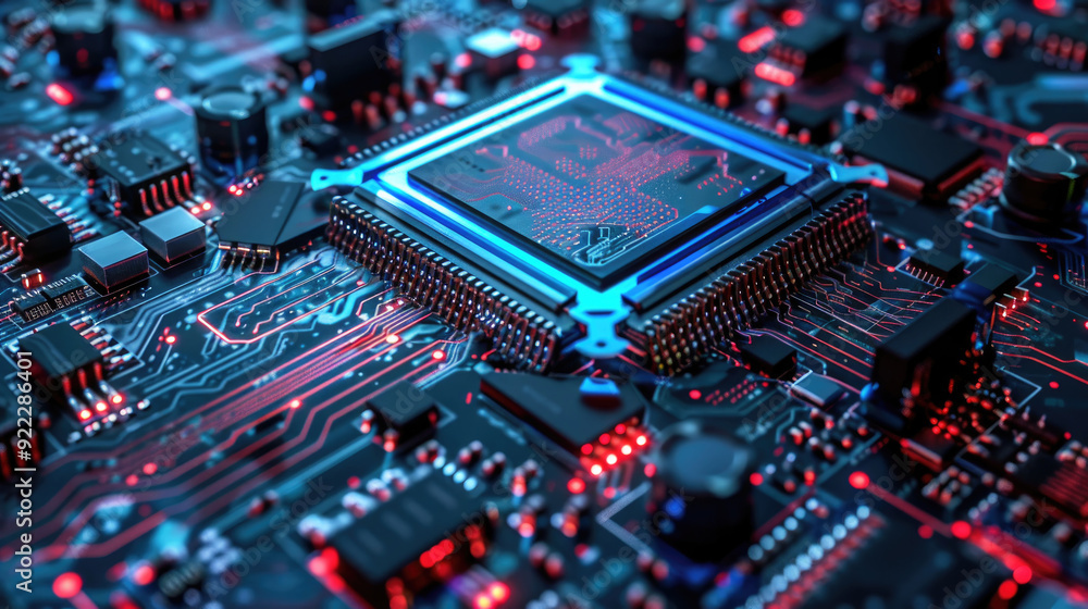 Poster close-up of a high-tech motherboard showcasing illuminated circuits and components