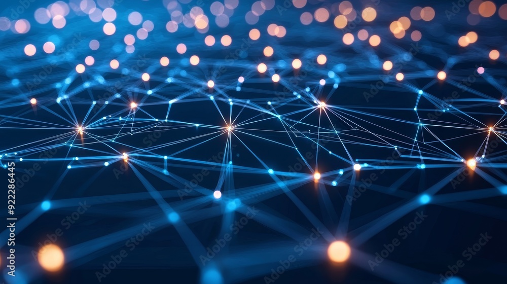 Poster cyberspace scene with dynamic digital dots and lines, depicting high speed data transfer and network
