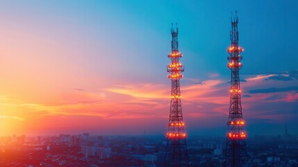 Obraz premium Modern infrastructure with radiant communication towers, glowing connectivity