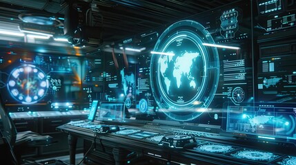 Futuristic digital control room with holographic displays, advanced technology, and interactive interfaces for modern data management.