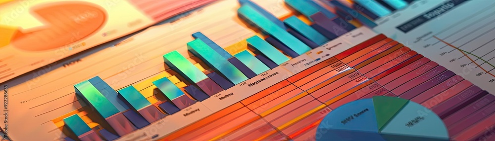 Poster colorful financial graphs and charts on a desk, showcasing data analysis and business performance me