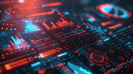 Obraz premium Futuristic data visualization with vibrant neon colors, featuring graphs and digital elements in a high-tech environment.