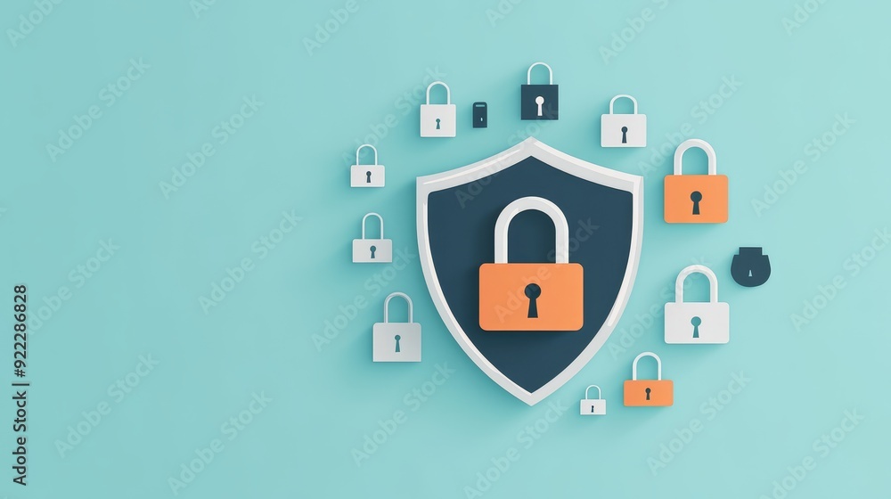 Poster a digital illustration of a shield with various locks representing cybersecurity and protection. ide