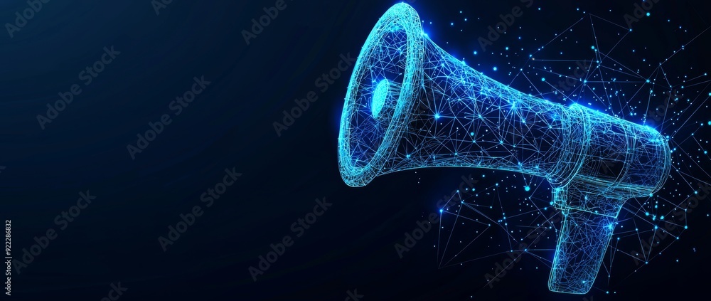 Poster wireframe illustration for digital marketing. internet targeting mesh art. 3d computer and megaphone