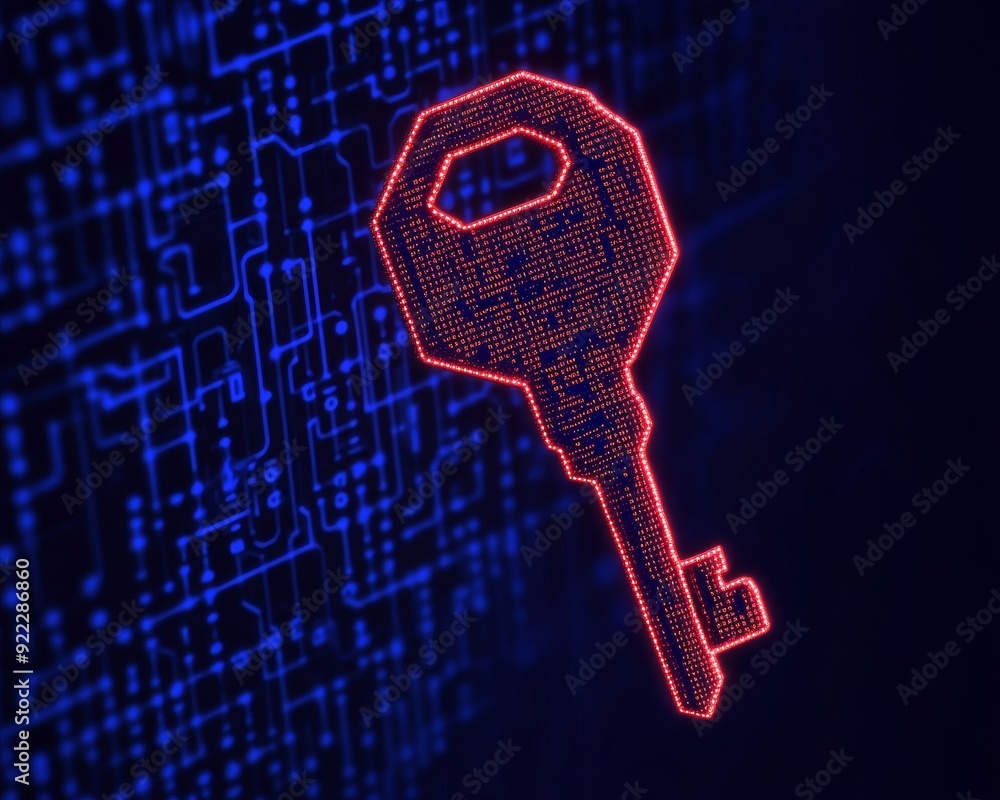Poster a digital key symbol against a blue circuit background, representing cyber security and access contr