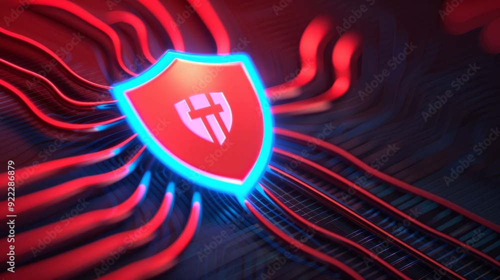 Poster a digital shield icon representing cybersecurity, illuminated with vibrant colors. ideal for tech an