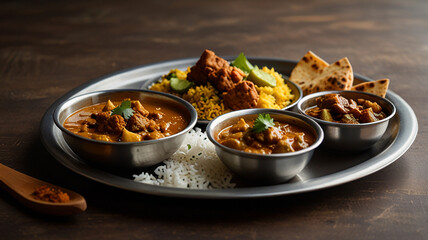 A Complete Indian Meal Served On A Traditional Metal Plate, With Small Bowls Of Curry, Rice, Roti, And Pickles, Food Menu Image