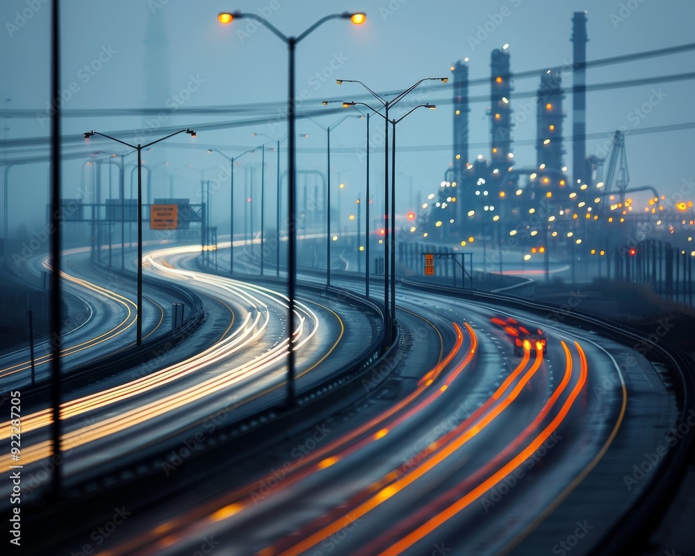 Poster a dynamic cityscape at night showcasing light trails on the road with an industrial background and i
