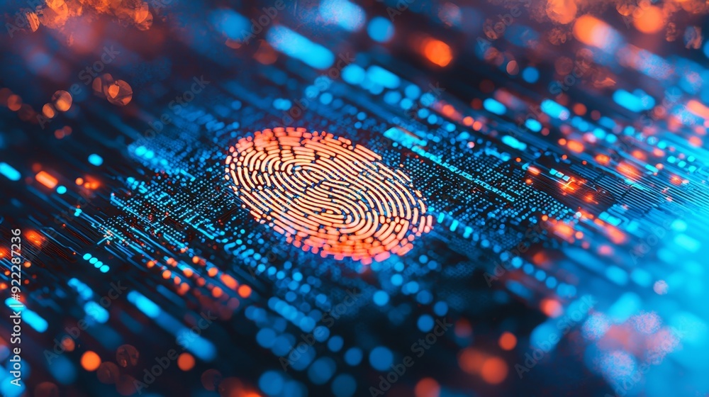Poster digital fingerprints on motherboard backgrounds, concepts of digital security and access