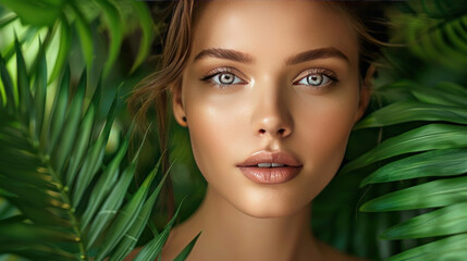 Naklejka premium Beautiful young woman with perfect skin and natural makeup posing in front of lush tropical green leaves and ferns