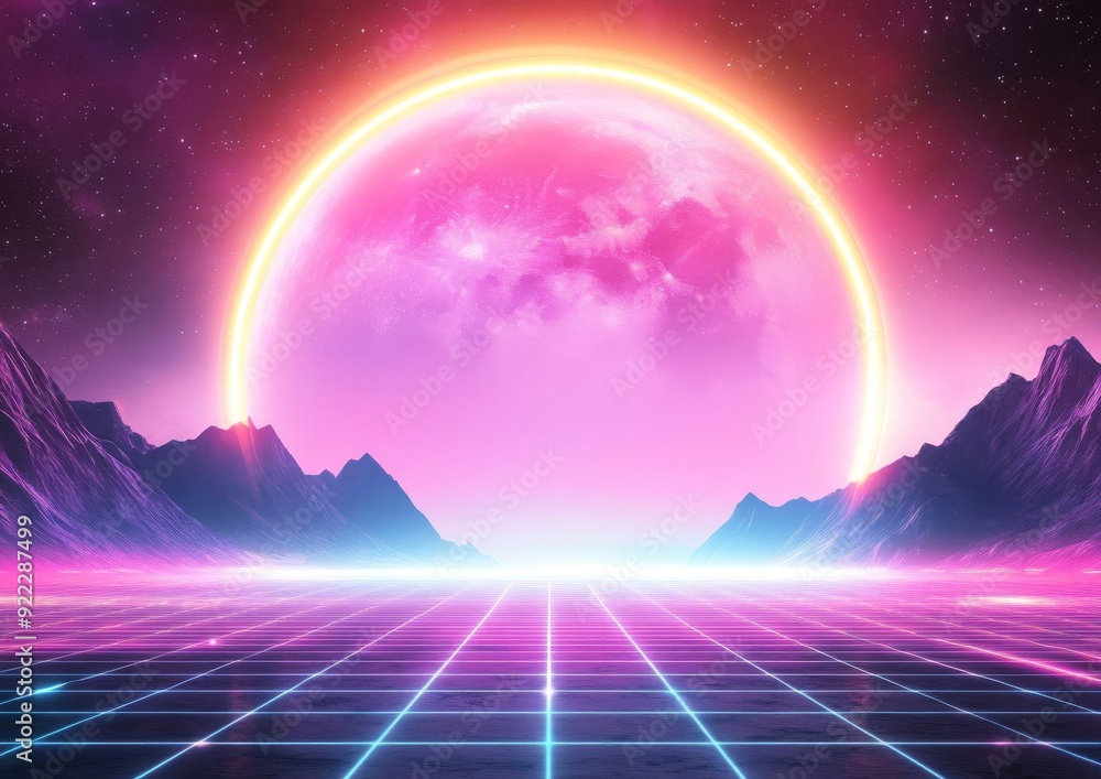 Poster futuristic hightech digital landscape with abstract grid pattern and vibrant neon highlights for cut