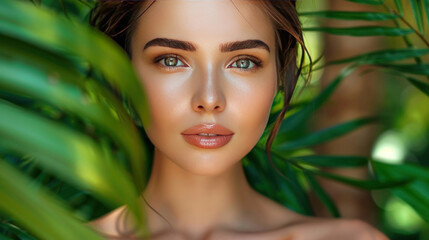 Naklejka premium Beautiful woman with perfect skin, natural makeup, posing against a lush backdrop of tropical green leaves and ferns