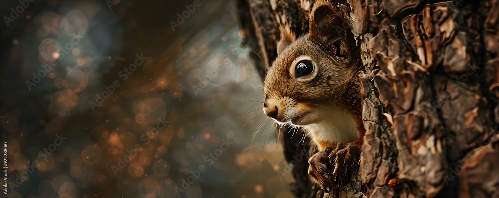 Poster a red squirrel peeking from behind a tree trunk
