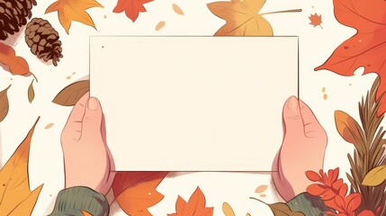 Two hands holding a blank card surrounded by autumn leaves and pine cones.