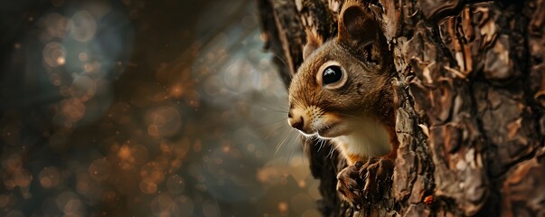 Naklejka premium A Red Squirrel Peeking From Behind a Tree Trunk