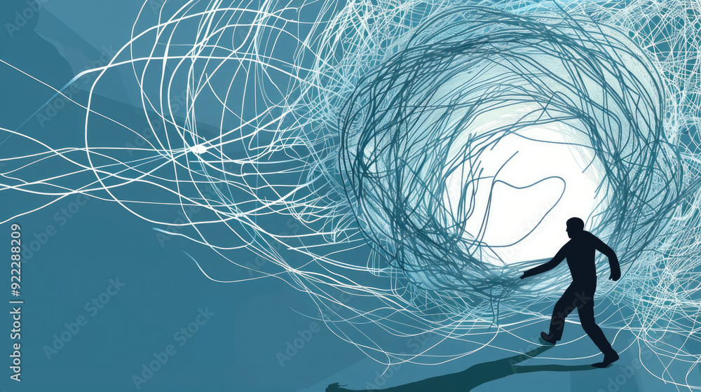 Poster a figure moves forward into a vibrant swirl of light and dynamic lines, evoking a sense of motion an